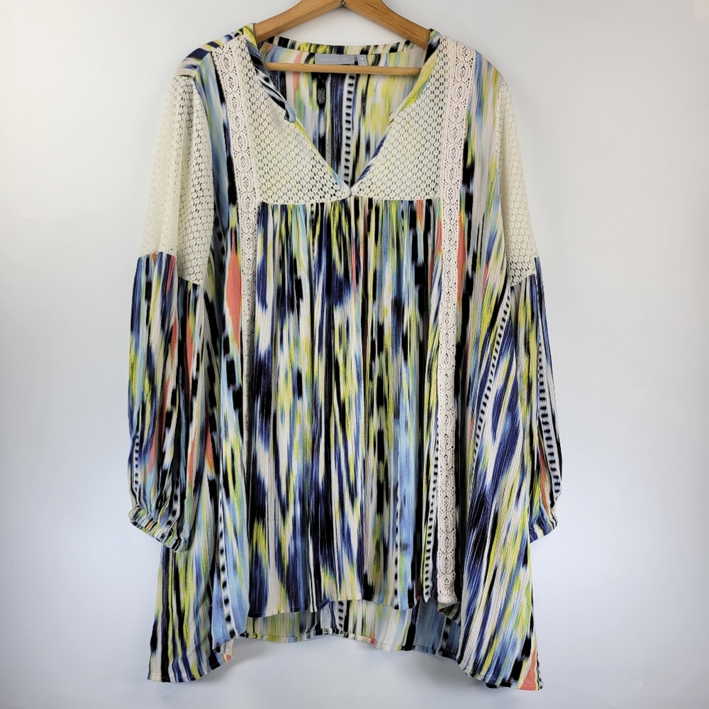 Harper & Liv Womens Blouse Size 1X Crochet Lace Trim V Neck Balloon Sleeve